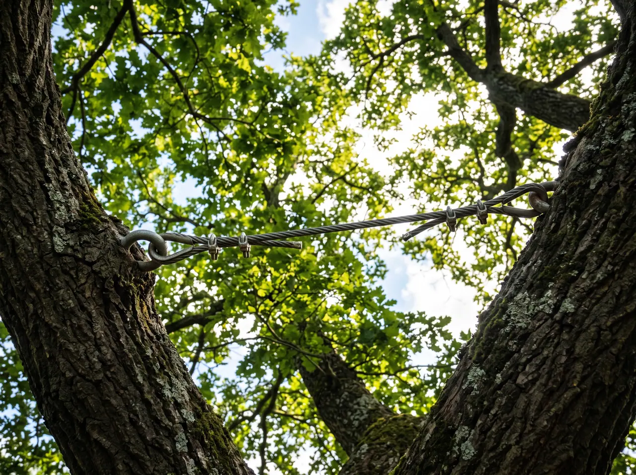 Steel cable brace installed between two large co-dominant limbs high in an oak canopy