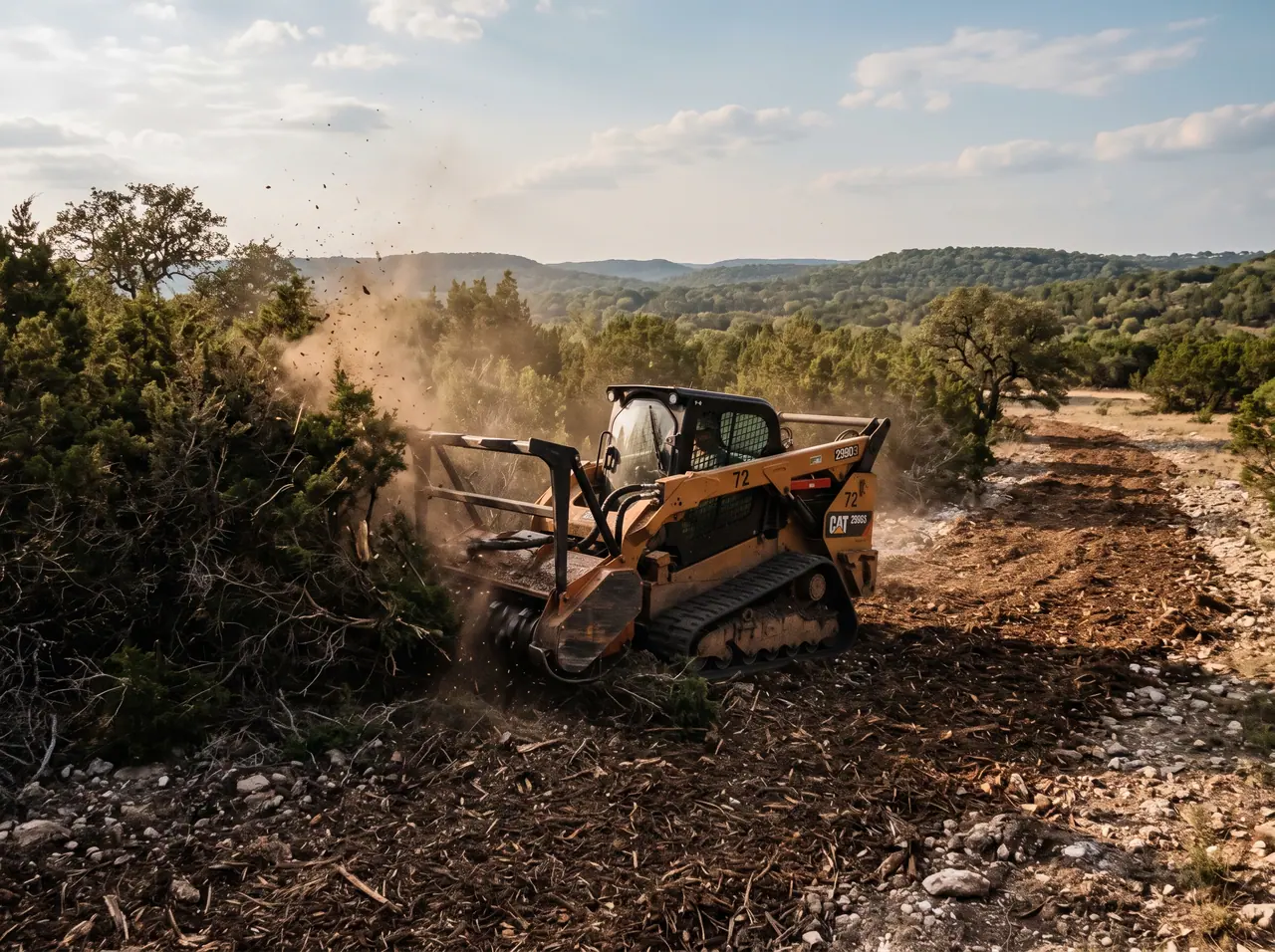 Forestry mulcher clearing dense Ashe juniper cedar scrub in the Texas hill country
