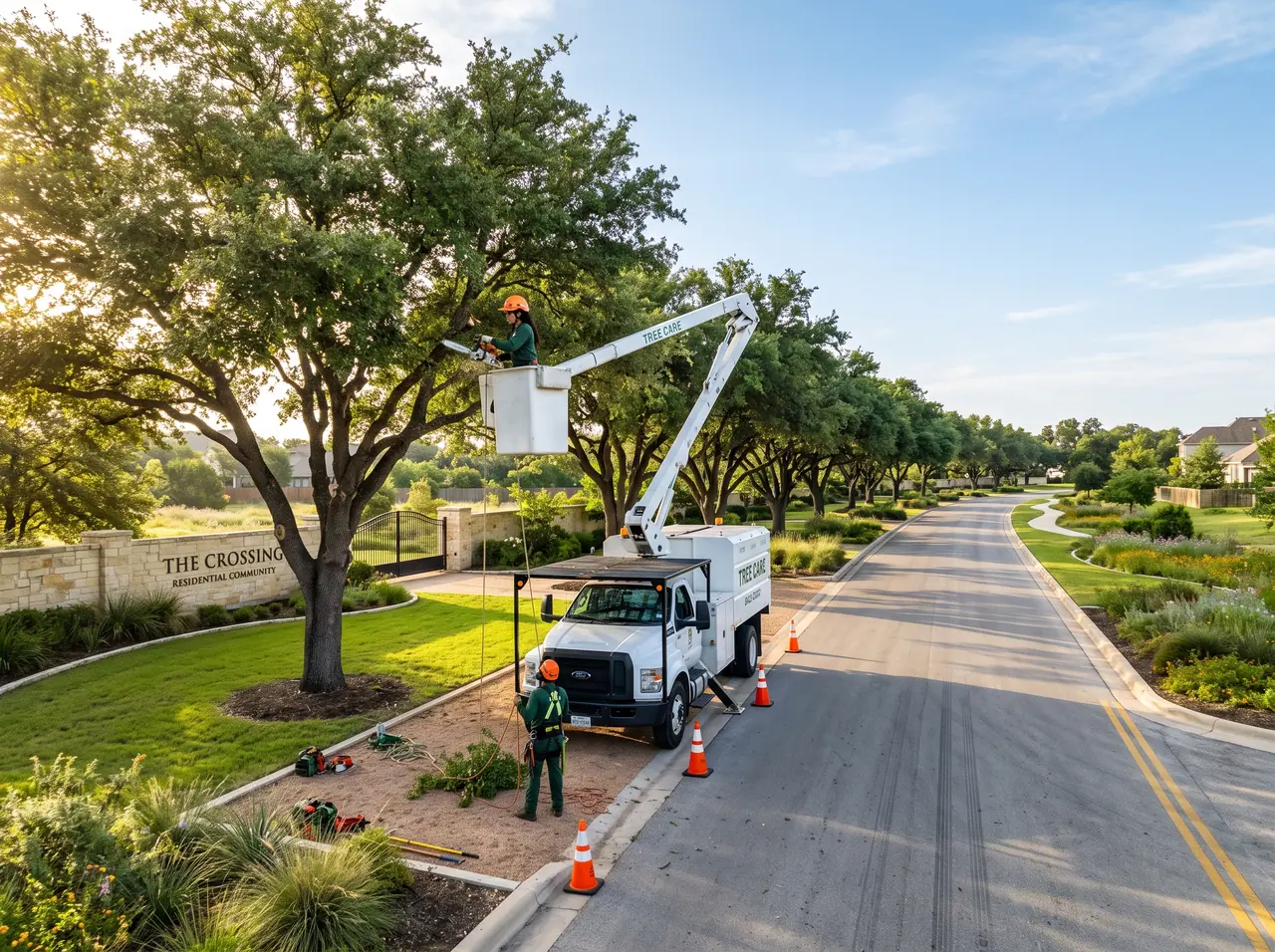 Tree crew with an aerial lift trimming mature oaks along a landscaped community entrance